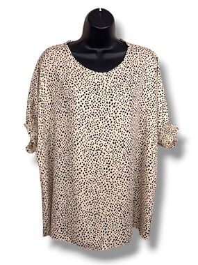 XL Hesed Beige Black Dalmatian Print Top Short Sleeve Animal Print Ruffle Accent